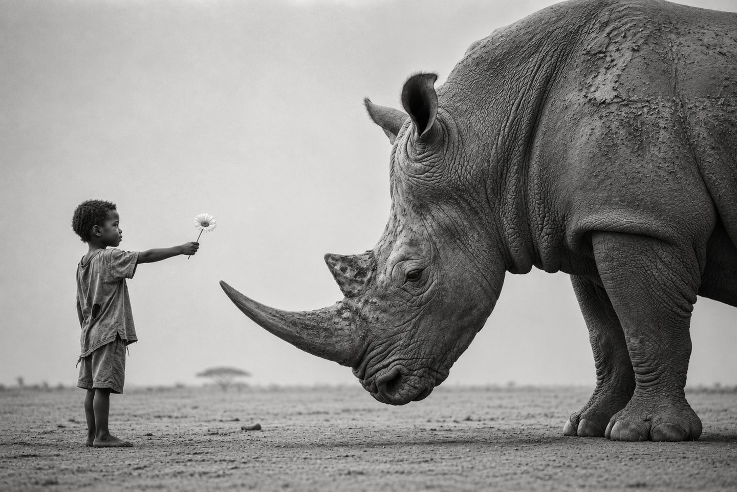 A small child holds out a single flower to a rhino on an open plain.